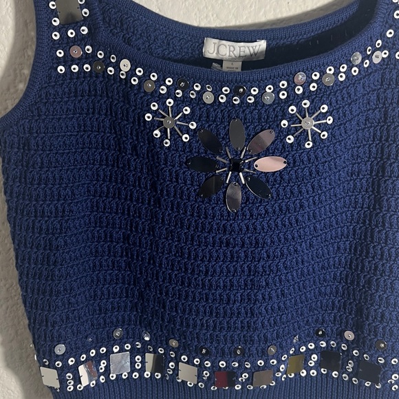 J. Crew Sweater-tank Sz L hand-embellished mirrors Navy Blue Crochet Floral Top - Picture 4 of 7